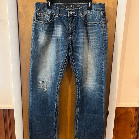 Request Men's Blue Straight Relaxed Distressed Stonewashed Denim Jeans 34 x 32 - Picture 1 of 6